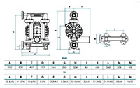 Dimensional Drawing for Air Operated Double Diaphragm Non-Metallic Pump (UP20-B)